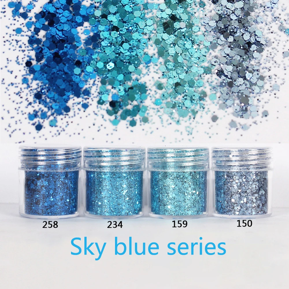 1Jar Fine Glitter Thin Hexagon Flakes Sky Blue Series Spangles Nail Paillette Sequins For Eye Makeup Face Eyes Body Nails Art