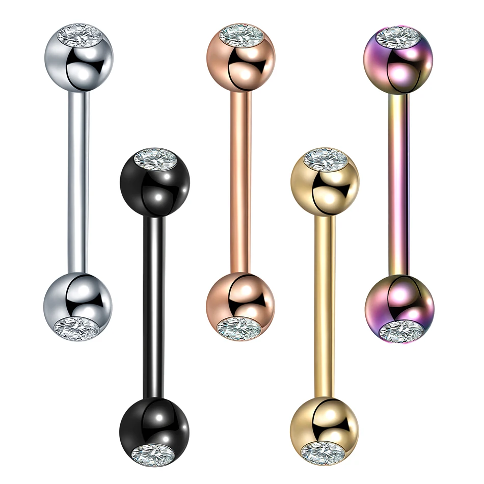 1Pc Stainless Steel Straight Barbell Tongue Rings Crystal Ear Studs Externally Threaded Tongue Studs Body Piercing Jewelry