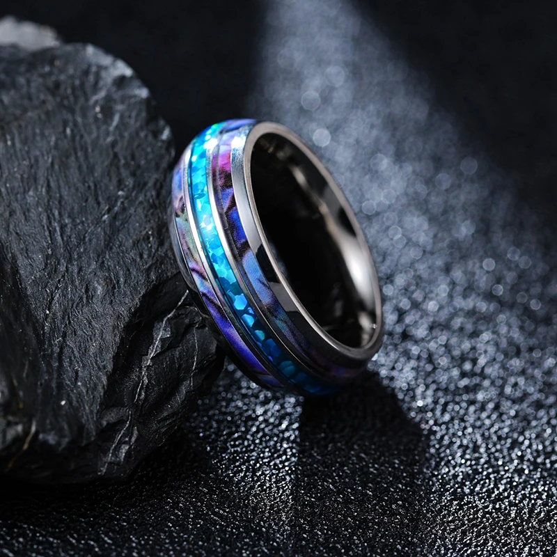 NANDESI 8MM Wide Polished Abalone Shell Tungsten Carbide Rings Dome Triple Grooved Opal Inoxydable Ring Never Fade