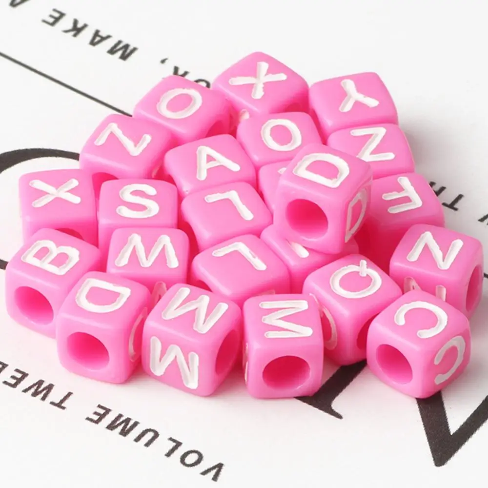 100pcs Cube 26 Alphabet Pink Acrylic Beads White letter Loose Spacer Beads For Jewelry Making Diy Women children Bracelets 6X6MM