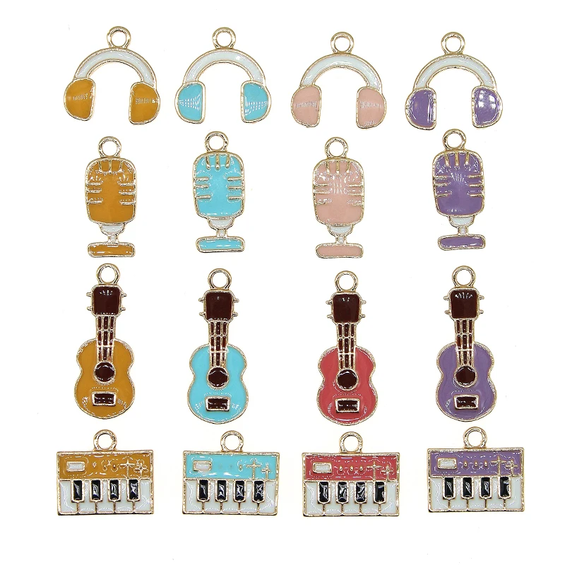 10pcs/lot Cute Enamel Musical Instrument Headset Microphone Electronic Organ Guitar Ukulele Charm For DIY Jewelry Making Finding