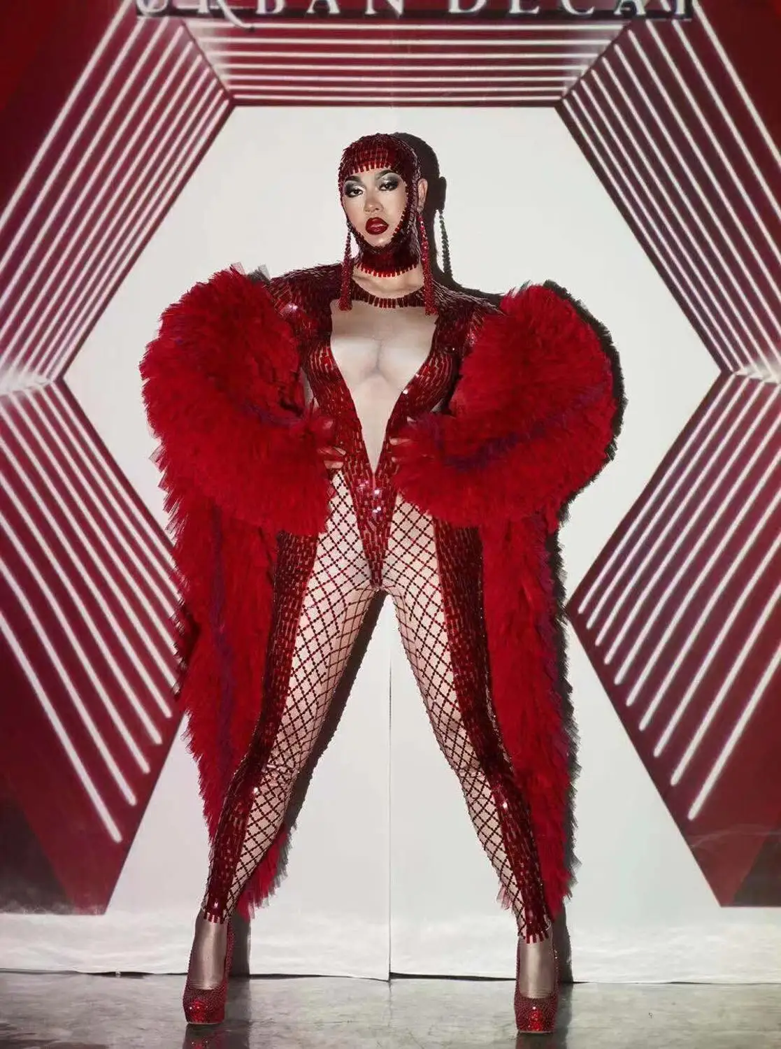 สีแดงเต้นรําjumpsuitนักร้องเซ็กซี่เวทีเครื่องแต่งกายเสื้อพรรคสาวสวมใส่ดีเจไนท์คลับชุด