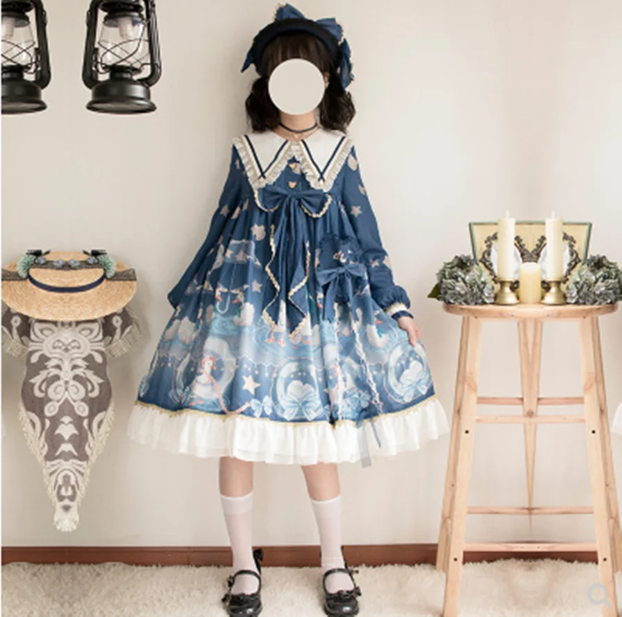 Sommer lolita kleid japanischen kawaii mädchen stern bowknot druck viktorianischen kleid tee party gothic lolita op tee party loli cos