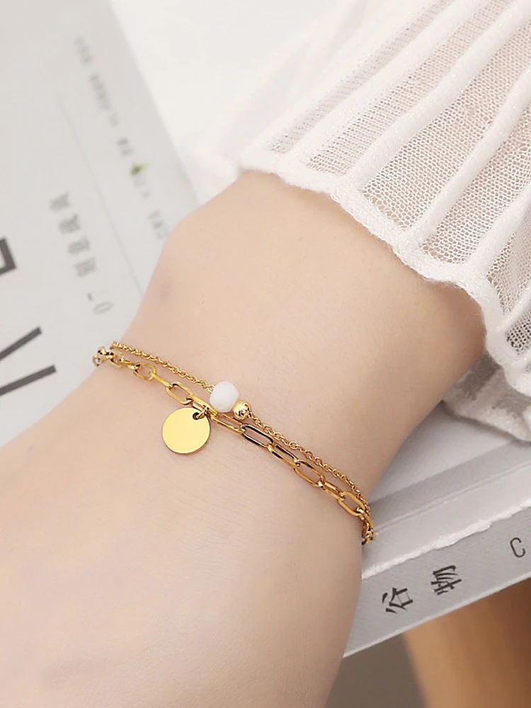 Fashion Jewelry Women's Gift High Quality Waterproof 18k Gold Plated Charm Mini Stone Long Cross Chain Stainless Steel Bracelet