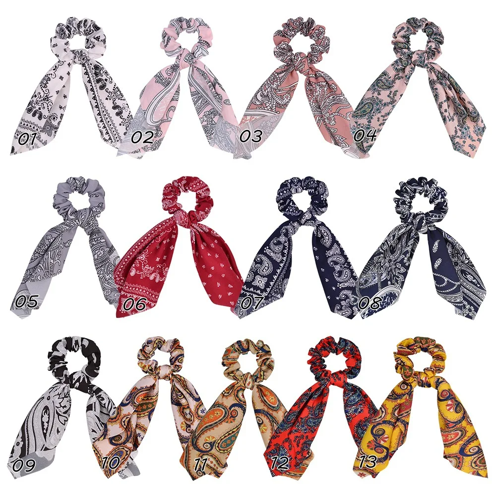

13 Pcs/Lot, Vintage Floral Print Bow Long Ribbon Ponytail Scarf Hair Tie Scrunchies Women Girls Elastic Hair Accessories