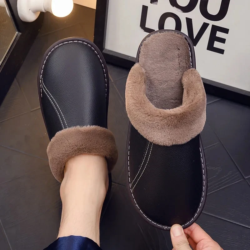 Brand genuine leather house shoes for womens slippers furry slides female indoor warm slippers