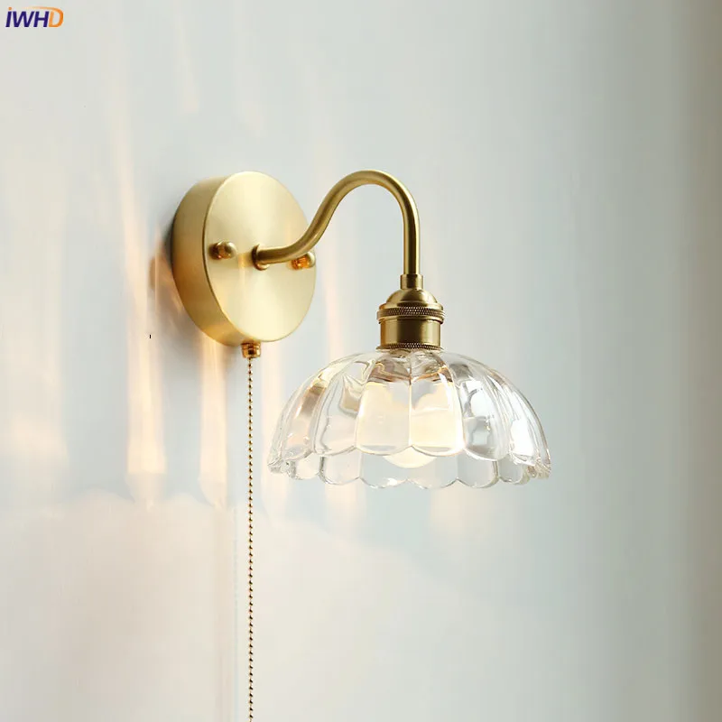 IWHD Glass Copper LED Wall Lights For Home Pull Chain Switch Bedroom Bathroom Mirror Stair Modern Nordic Wandlamp Lampara Pared