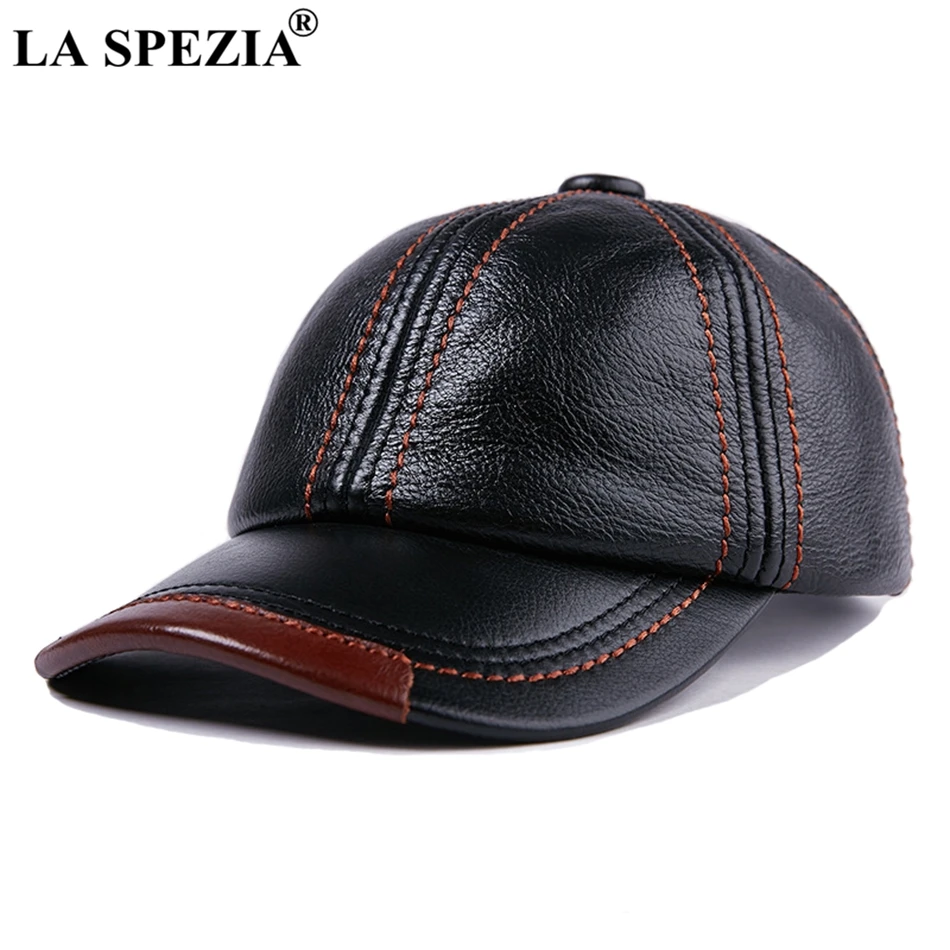 LA SPEZIA Echtem Leder Baseball-Cap Männer Schwarz Rindsleder Hut Snapback Männlich Einstellbar Herbst Winter Echt Leder Erreichte Hüte