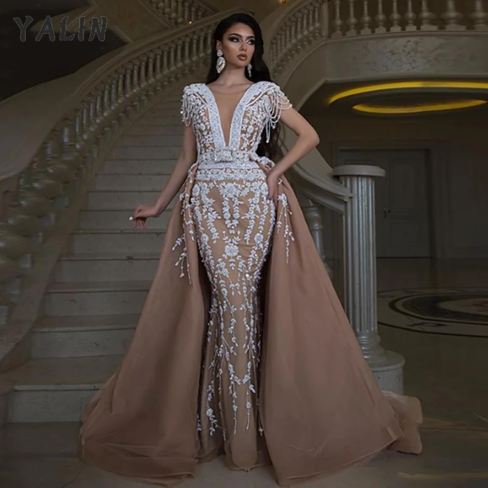 YALIN Champagne Mermaid Evening Dresses Long Beading Appliques Deep V Neck Arabic Prom Special Occasion Gowns فساتين السهرة