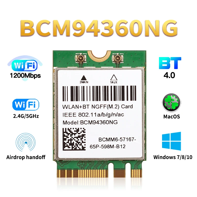 Hackintosh MacOS BCM94360NG M.2 Wifi Card Network Adapter Wireless 1200Mbps 802.11ac 2.4Ghz/5G Bluetooth 4.0 NGFF Card