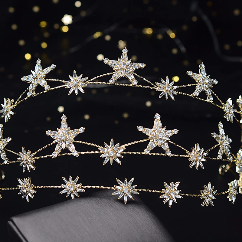 Crystal Star Crown Trendy Tiara Wedding Hair Accessories For Women Headband Bridesmaid Hair Ornaments Jewelry