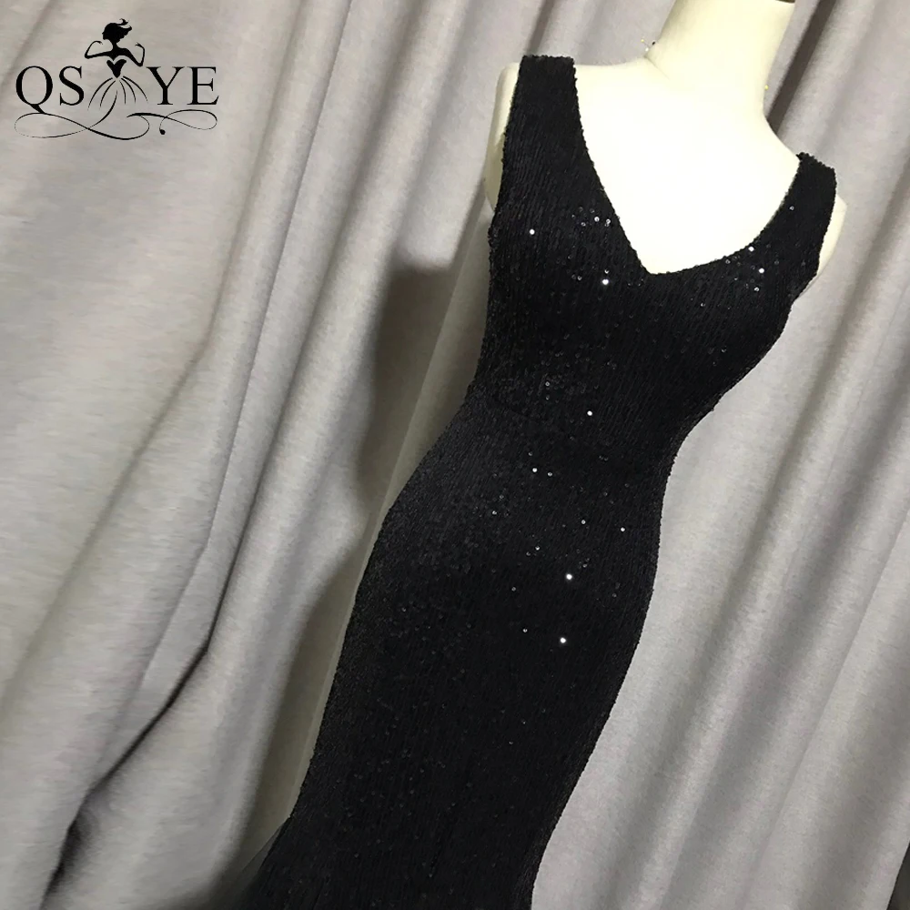 Robe de Soirée Longue Noire à Paillettes et Col en V, Tenue de Bal de Forme Sirène, Ourlet en Fibre de Tulle, en Dentelle, Chic