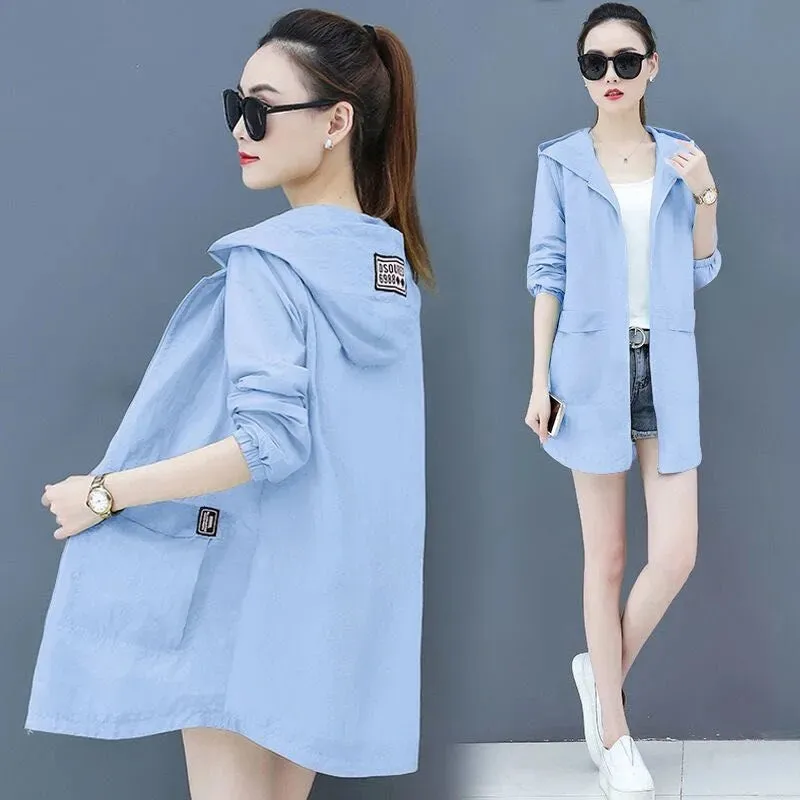 

Women Hooded Sun protection Clothing Mid-length Wild Thin Coat Anti-UV breathable Tops Summer Coat Female Sunscreen Shirt R1191