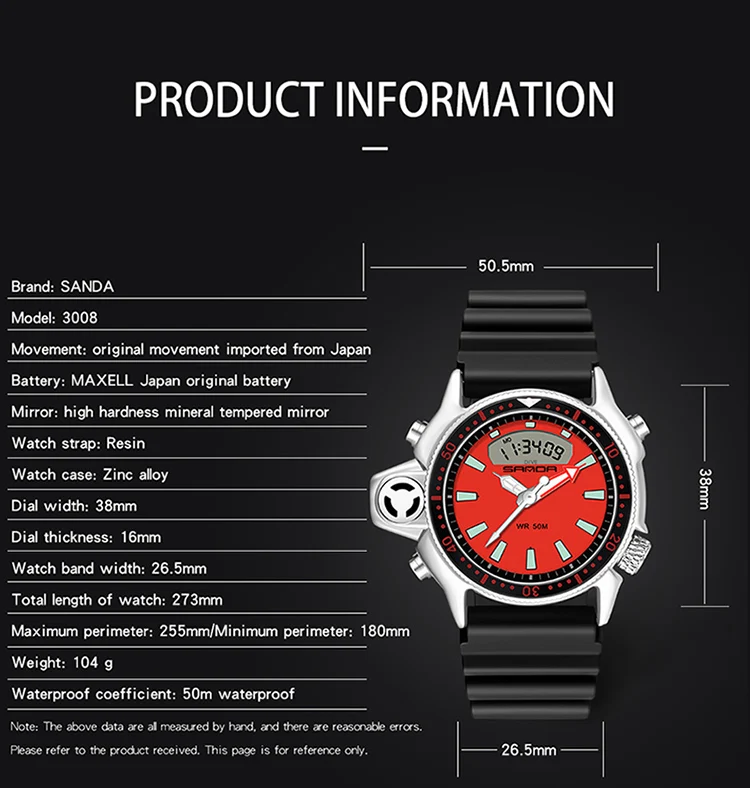 SANDA Mode Sport Männer LED Digital Uhren Dual Display Quarz Armbanduhr Im Freien Wasserdichte Militär Armbanduhren Herren Uhr – Detail 5