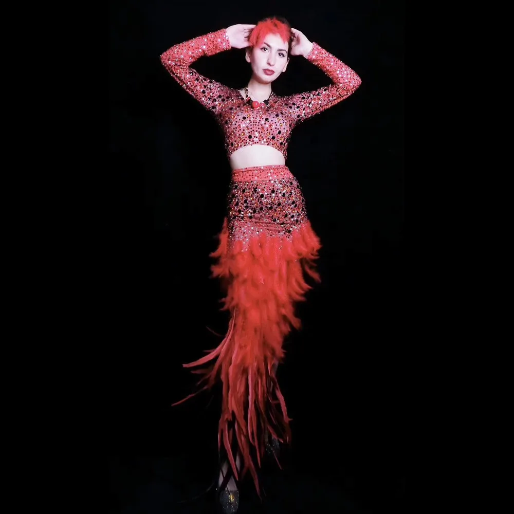 Sexy Rhinestones Feather Latin Dance Long Dress Red Crystal Evening Party Dress Set Women Slim Flamenco Singer Stage Outfit Sets