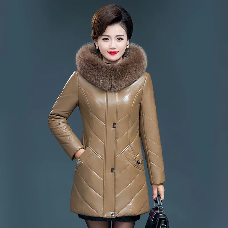 L-7XL Women Split Leather Coat Winter 2024 New Fashion Thick Warm Faux Fur Collar Hooded Sheepskin Jacket Tops Outerwear Female