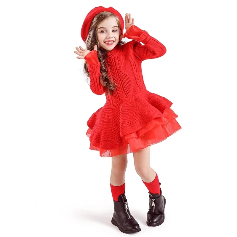 Dropshiping Winter Girls Christmas Dress Wedding Party Dresses Knitted Chiffon Kids Girls Clothes Thick Warm Girl Dresses