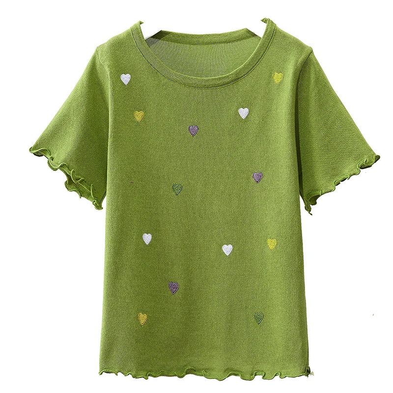 

Zuolunouba Summer New Avocado Green Short-sleeved Women T-shirt Slim Sweet Niche Round Neck Love Printing Short Fungus Tees Tops