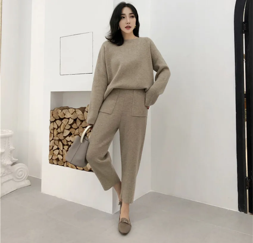 2024 New Autumn Winter Knitting 2 PCS Set For Women O Neck Thick Loose Sweater Tracksuits + Casual Ankle-Length Pants Warm Suits