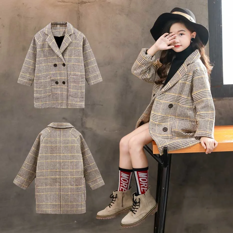 Winter Coat For Girls Thick Woolen Jacket For Girls Fashion Plaid Kids Outerwear Autumn England Teenage Clothes For Girls School