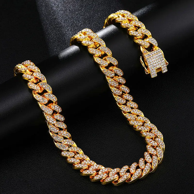 Hip Hop Watch for Men Iced Out Paved Rhinestones 1Set 3PCS 12MM Full Miami Curb Cuban Chain CZ Bling Rapper Necklaces for Men