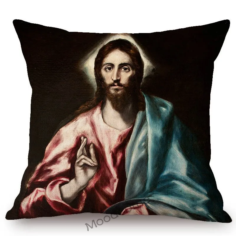 El Graco Famous Oil Painting Jesus Virgin Maria Christian Art Religion Church Decoration Sofa Pillow Case Linen Cushion Cover