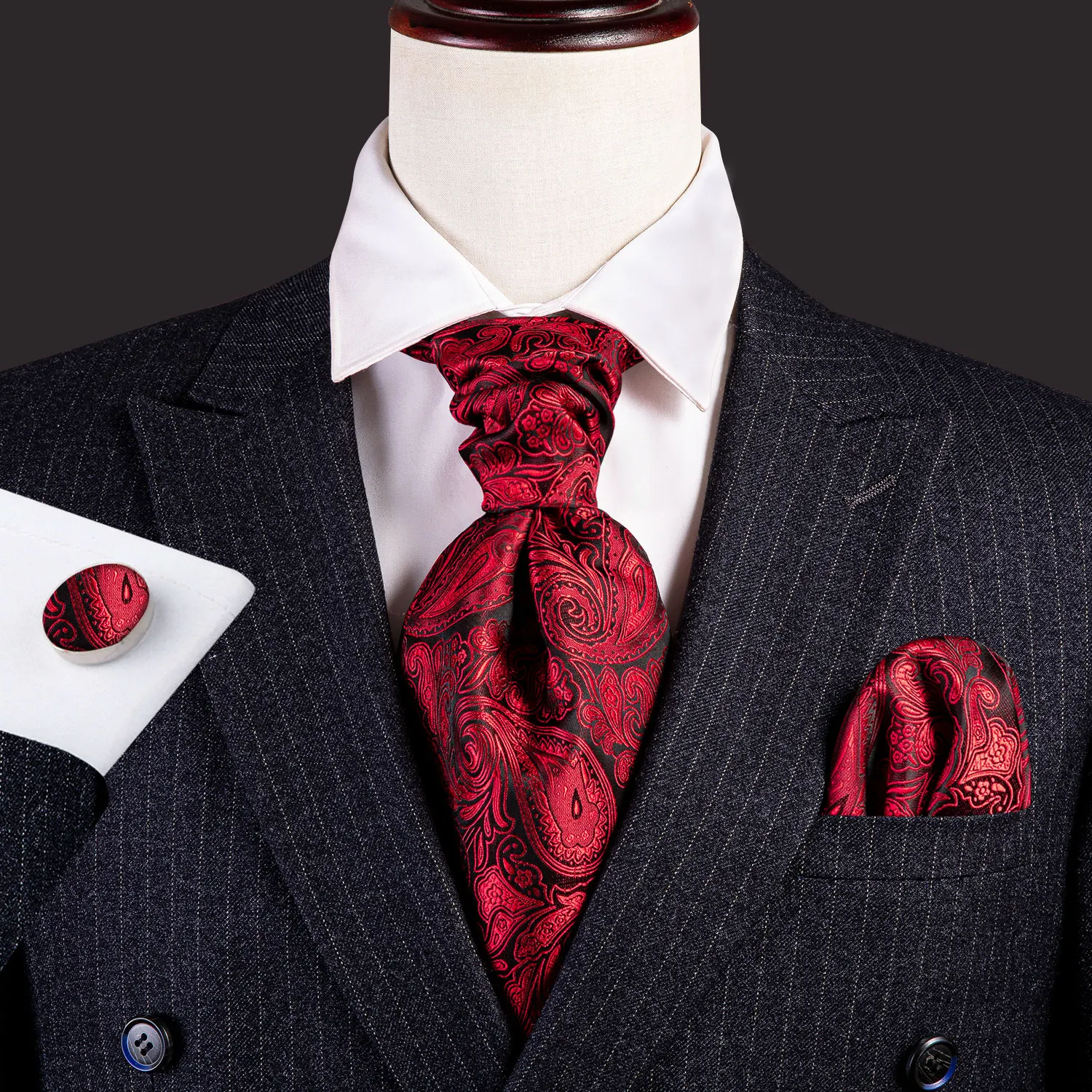 Corbata de seda Ascot para hombre, traje de bufanda, ropa de cuello para hombre rojo vino, conjunto de Jacquard, gemelos cuadrados de bolsillo a la