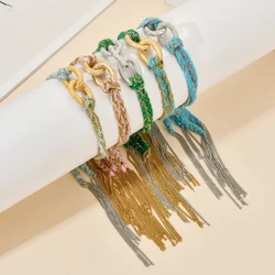 ZMZY Pave Crystal Bohemian Stainless Steel Chain Hand Weave Braided Boho Bracelet Summer Beach Vintage Cotton Rope String Yoga