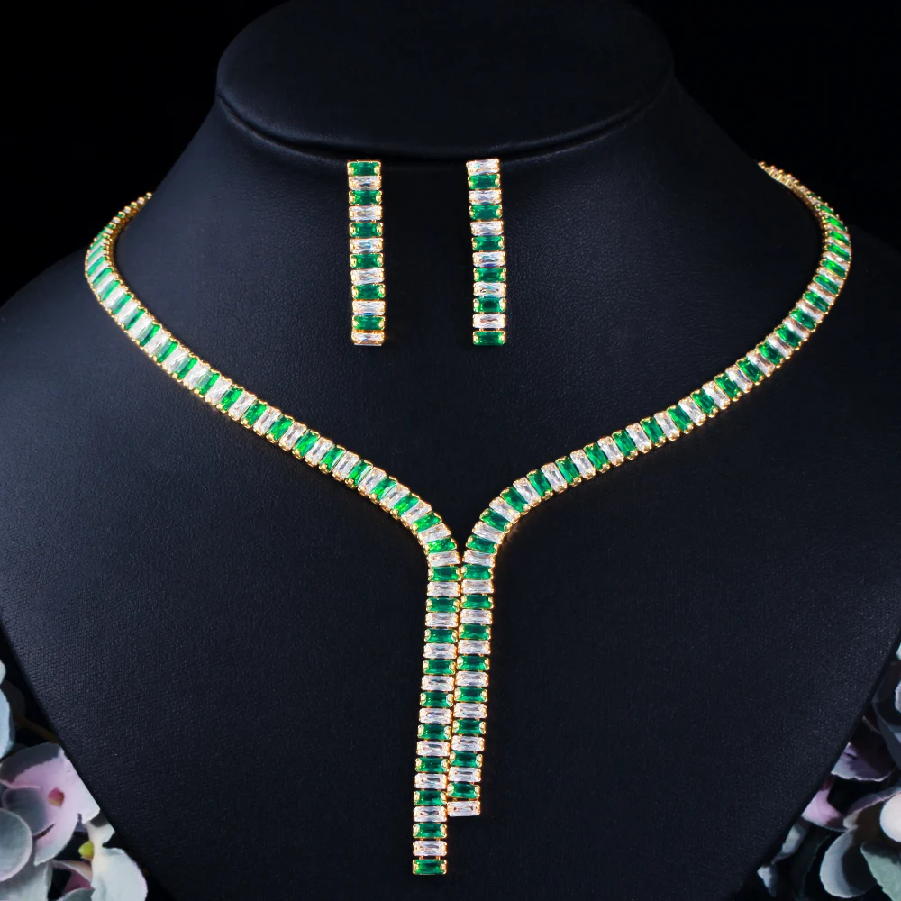 CWWZircons Green CZ Necklace and Earrings Womens Costume Jewelry Set for Engagement Wedding Accessories African Gold Color T533