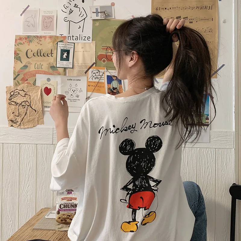 New Cartoon Cotton Mickey Mouse Loose Mid-length Women T-shirt Harajuku Shirt Korean Clothes Womens Clothing Harajuku Tshirt