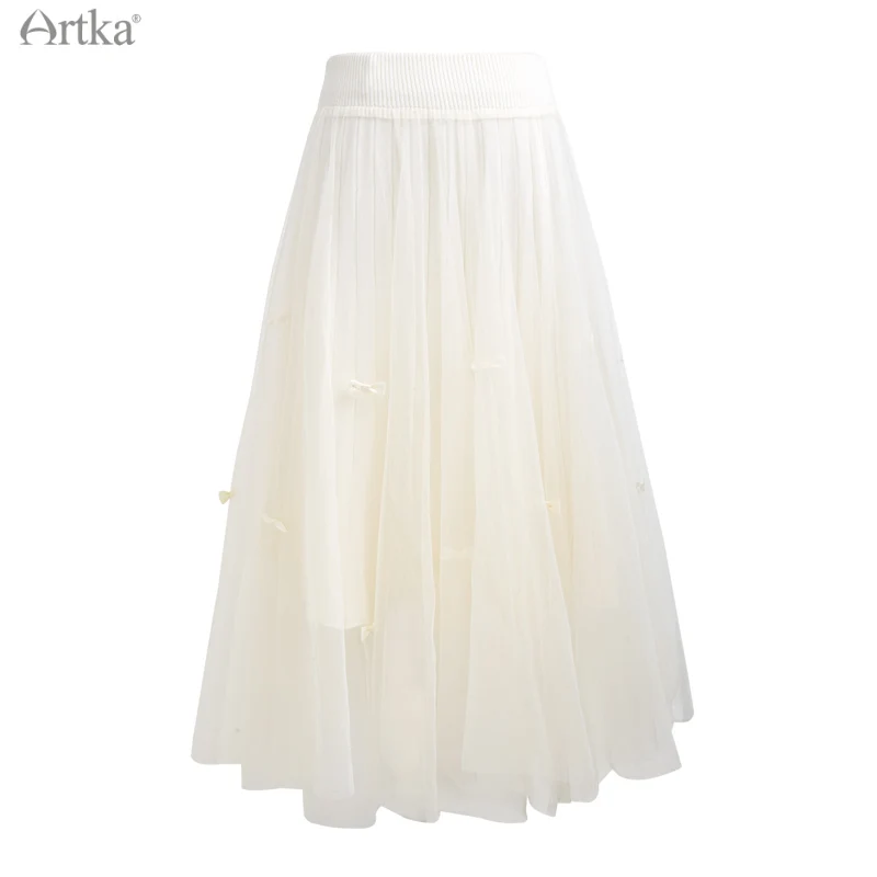 ARTKA 2025 A/W Nieuwe Vrouwen Rok Elegant Gaas Kant Elastische Hoge Taille Midi Rokken A-lijn Tweezijdig Slijtage Gebreide Rok QB29011D