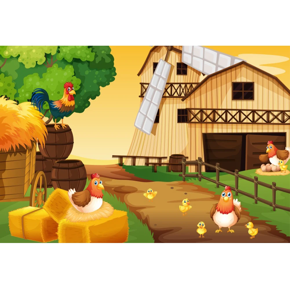 Laeacco การ์ตูนฟาร์ม Windmill เด็กตกแต่งห้องวันเกิดถ่ายภาพพื้นหลังสำหรับ Photo Studio