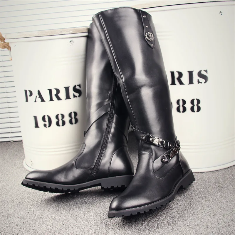 men's luxury fashion stage motorcycle boots soft leather shoes personality high boot long botas hombre zapatos chaussure hommes
