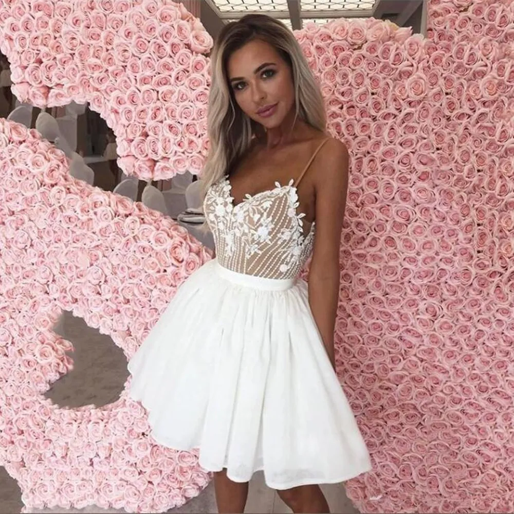 2020 Little White Homecoming Dresses With Appliques Spaghetti A Line Short Cocktail Party Dress Custom Made Prom Gowns vestido