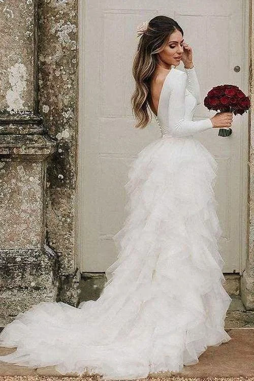 Robe de mariée blanche en Tulle à manches longues, avec ourlet, dos nu, coupe trapèze