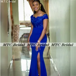 Royal Blue Off The Shoulder Mermaid 2022 Bridesmaid Dresses Side Slit Corset Black Girls Wedding Party Gowns For Maids Plus Size