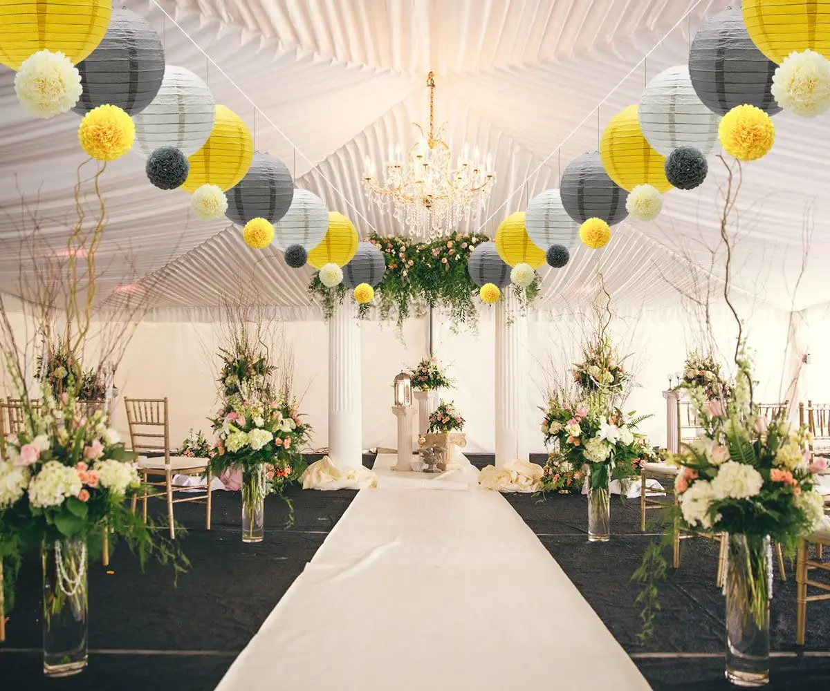 Ensemble de décorations de fête, lanternes en papier Ikand, pompons, jaune, gris, blanc, fleurs, baby shower, remise de diplôme, 15 pièces