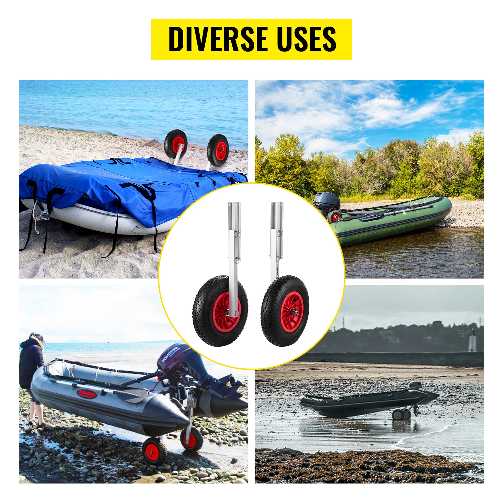 VEVOR 2PCS Inflatable Boat Launching Wheel 136 KG Weight Load Capacity Aluminum Frame 38CM Diameter Rubber Tire Ship Moving Tool