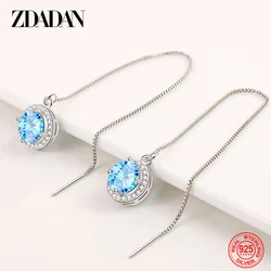 ZDADAN 925 Sterling Silver Ball Blue Crystal Long Chain Drop Earrings For Women Fashion Jewelry Gift