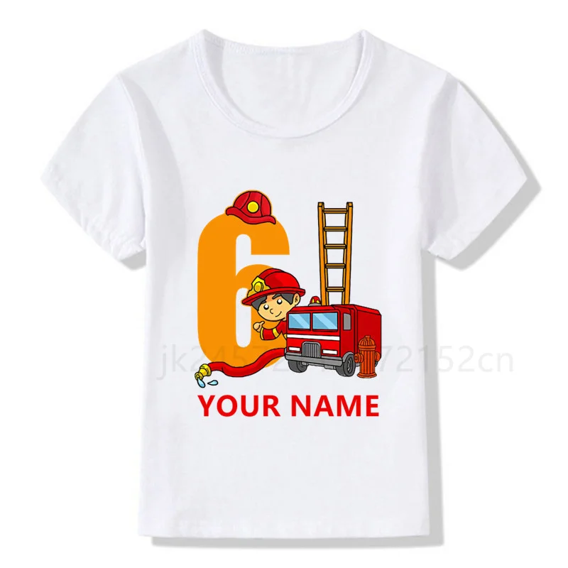 소년/소녀 멋진 이름 소방차 생일 숫자 티셔츠 어린이 소년 생일 축하 티셔츠 흰색 티셔츠 아기 만화 티셔츠