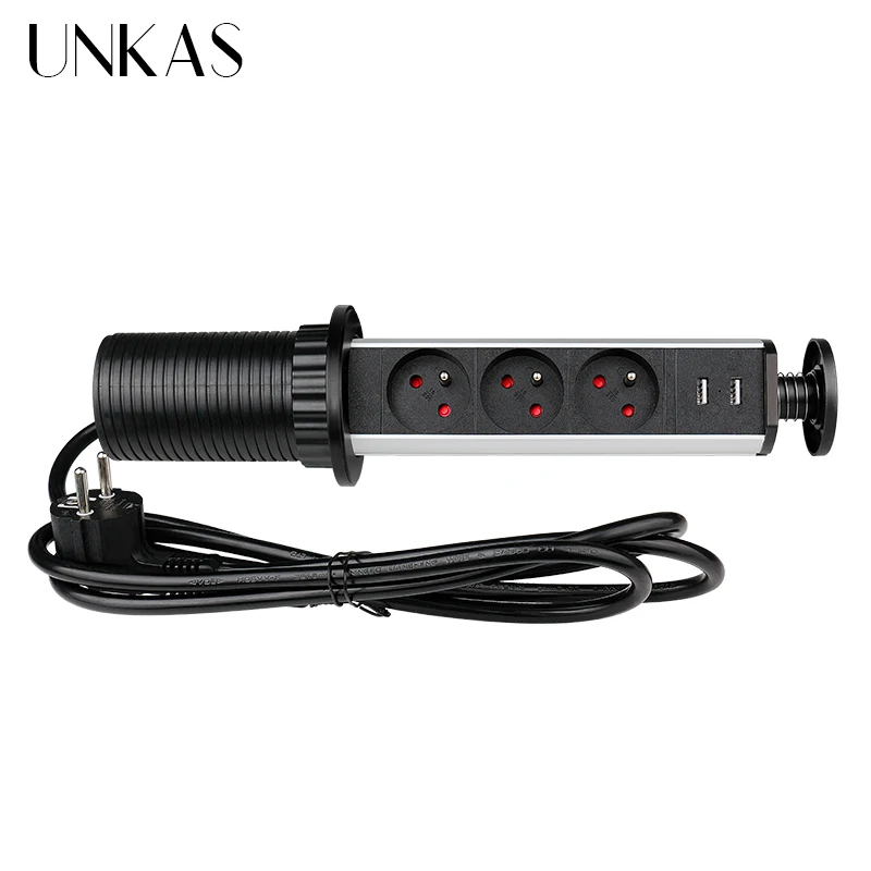 UNKAS 16A PULL POP UP 3 Power French Plug Socket Black Dual USB Port Kitchen Table Desktop Sockets Retractable Countertops