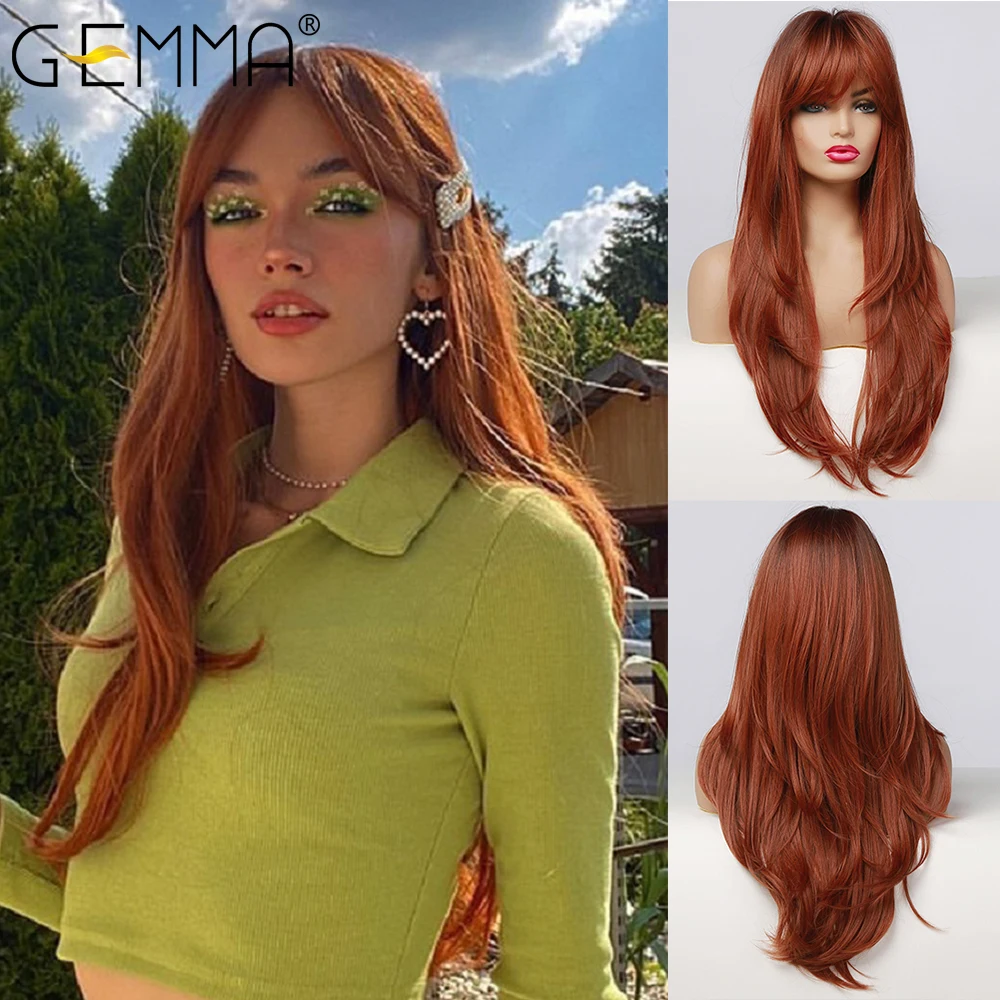 GEMMA-Peluca de cabello sintético para mujer, cabellera larga y recta con flequillo, color negro, naranja, rojo vino, resistente al calor, para