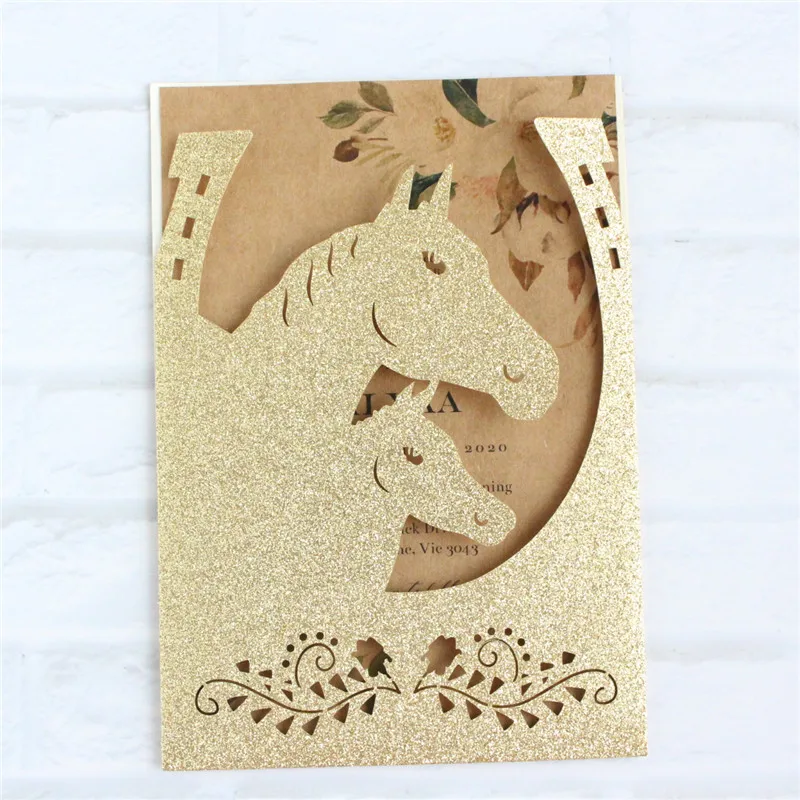 

Glittery horse laser cut invitation pocket gold silver rose gold personalized insert card design 50 pcs