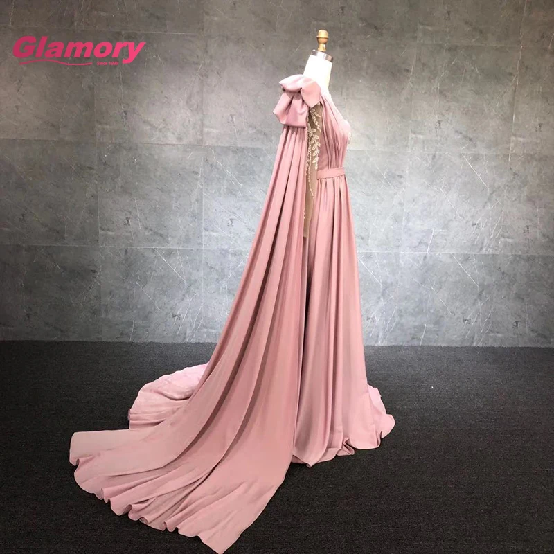 Morandi Blue Long Sleeves Chiffon Beaded Applique Shoulder Bow Shawl Sexy Evening Gown