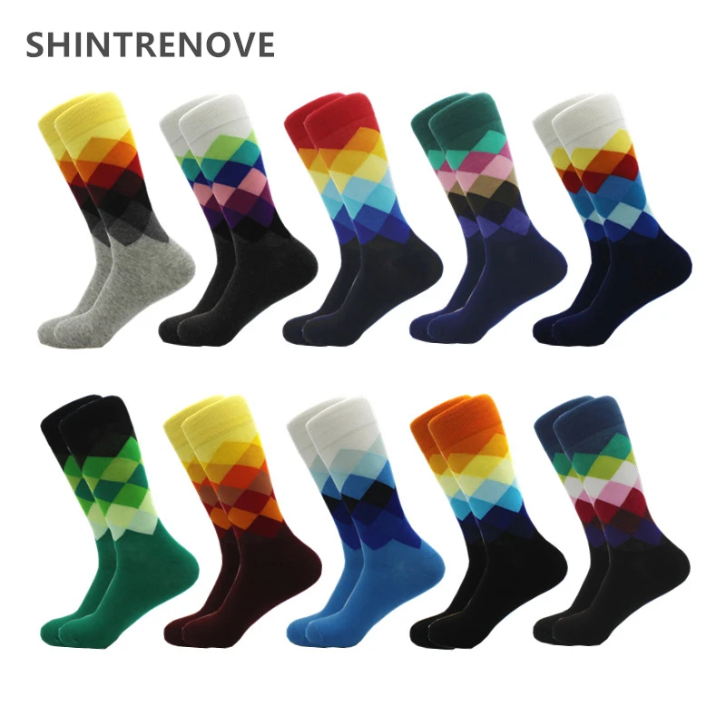 

10 Pairs/Lot Funny Men Combed Cotton Socks Color Happy Casual Dress Fashion Sock Classic Diamond Compression Man Socks