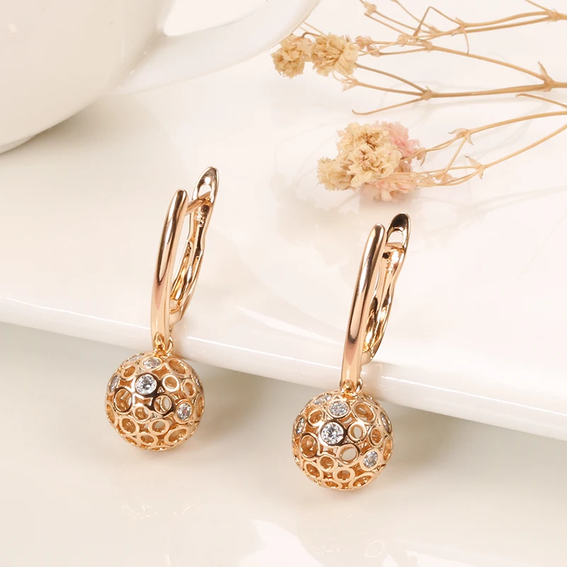 SYOUJYO 585 Gold Color Ball Drop Earrings For Women Fashion Natural Zircon Jewelry Vintage Bride Wedding Dangle Earrings