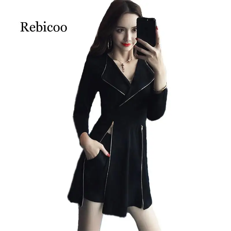 

New Korean Ladies Black 2 Piece Set Autumn Womens Sexy Zipper Split Long Sleeve Dress + Elastic Waist Shorts Two Piece Set Suits