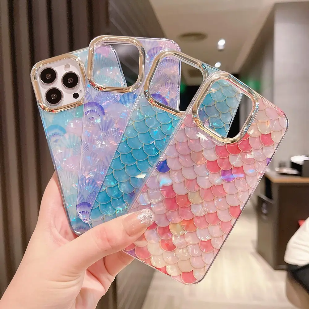 Colorful Mermaid Scales Phone Case For iPhone 16 15 14 13 11 12 Pro Max Pretty Sea Conch Texture Marble Hard Capa