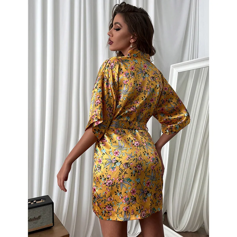 Women Satin Robe Sexy Print Flower Kimono Bathrobe Gown Faux Silk Nightgown Half Sleeve Nightwear Summer New Intimate Lingerie