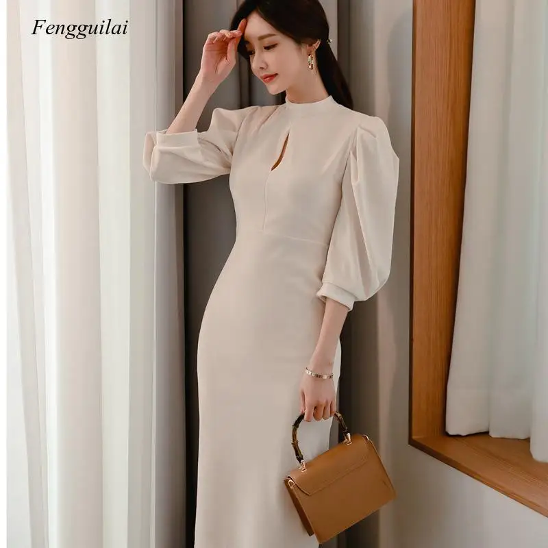 Langarm Cut Out Professionelle frauen Kleid Frühling 2020 Weiß Temperament Schlank und Elegante Hüfte Wrap Kleid